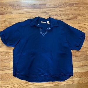 The Havanera Co Navy Blue Embroidered Short Sleeve Blouse